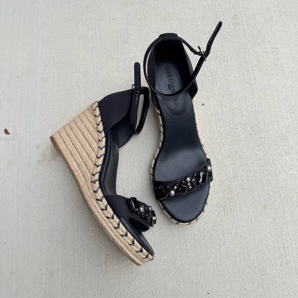 Karl Lagerfeld Paris Catalyna Embellished Espadrille Wedge Sandals Black 9.5